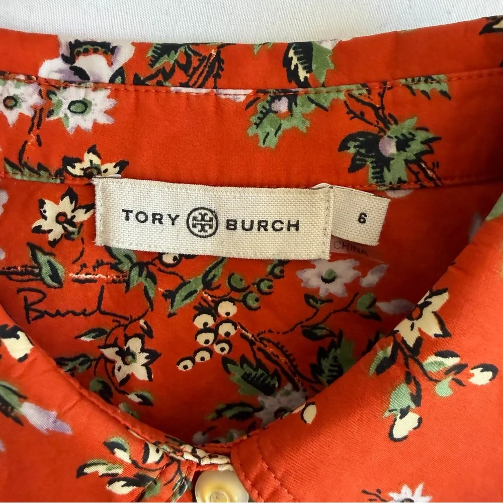 Tory Burch 100% Cotton Orange Floral Classic Oxford Button Down Shirt - Picture 14 of 17